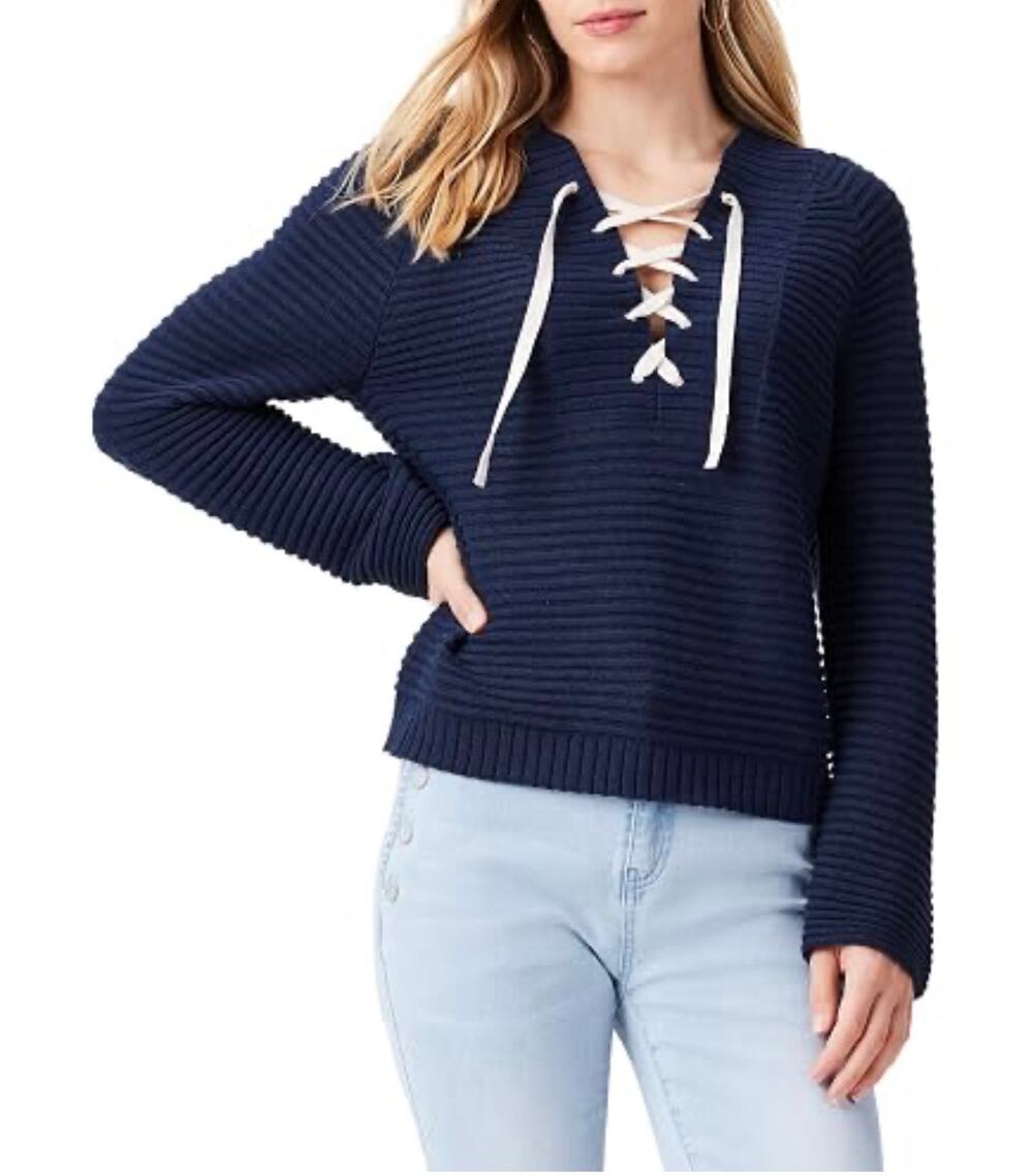 Nic+Zoe Lace Up Neck Knit Sweater Size PS